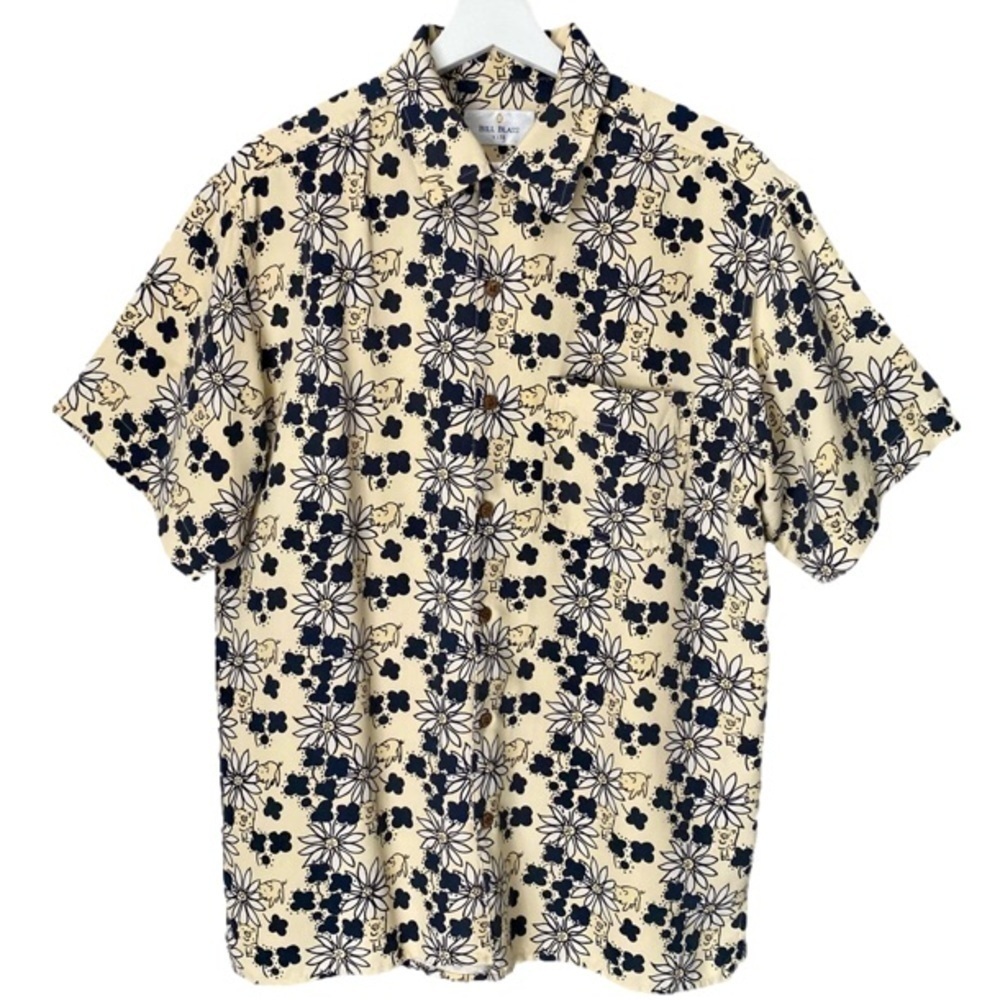 BILL BLASS Shirt Silk Short Sleeve Button Up Cream Black Floral Pig Print Size M